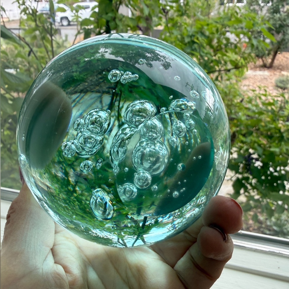 Handcrafted Glass Sphere with Bubbles & wrought iron stand